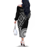 Black Tongan Ngatu Fonulei Pattern Family Matching Off The Shoulder Long Sleeve Dress and Hawaiian Shirt LT9 - Polynesian Pride