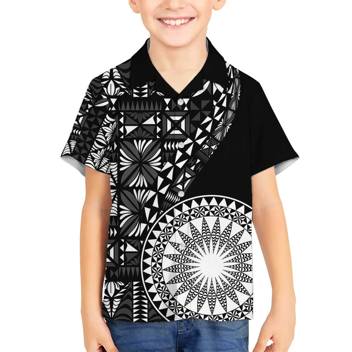 Black Tongan Ngatu Fonulei Pattern Family Matching Off The Shoulder Long Sleeve Dress and Hawaiian Shirt LT9 Son's Shirt Black - Polynesian Pride