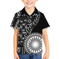 Black Tongan Ngatu Fonulei Pattern Family Matching Off The Shoulder Long Sleeve Dress and Hawaiian Shirt LT9 Son's Shirt Black - Polynesian Pride