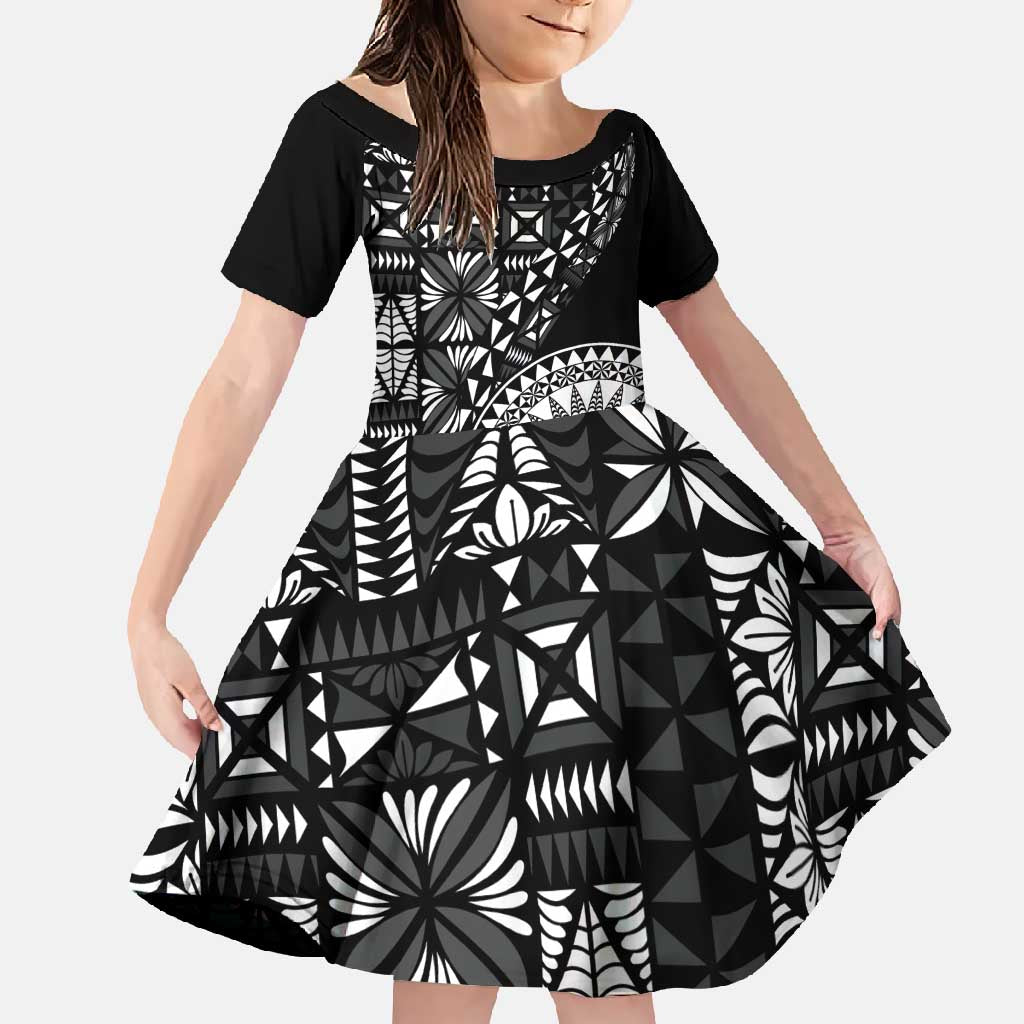 Black Tongan Ngatu Fonulei Pattern Family Matching Off Shoulder Maxi Dress and Hawaiian Shirt