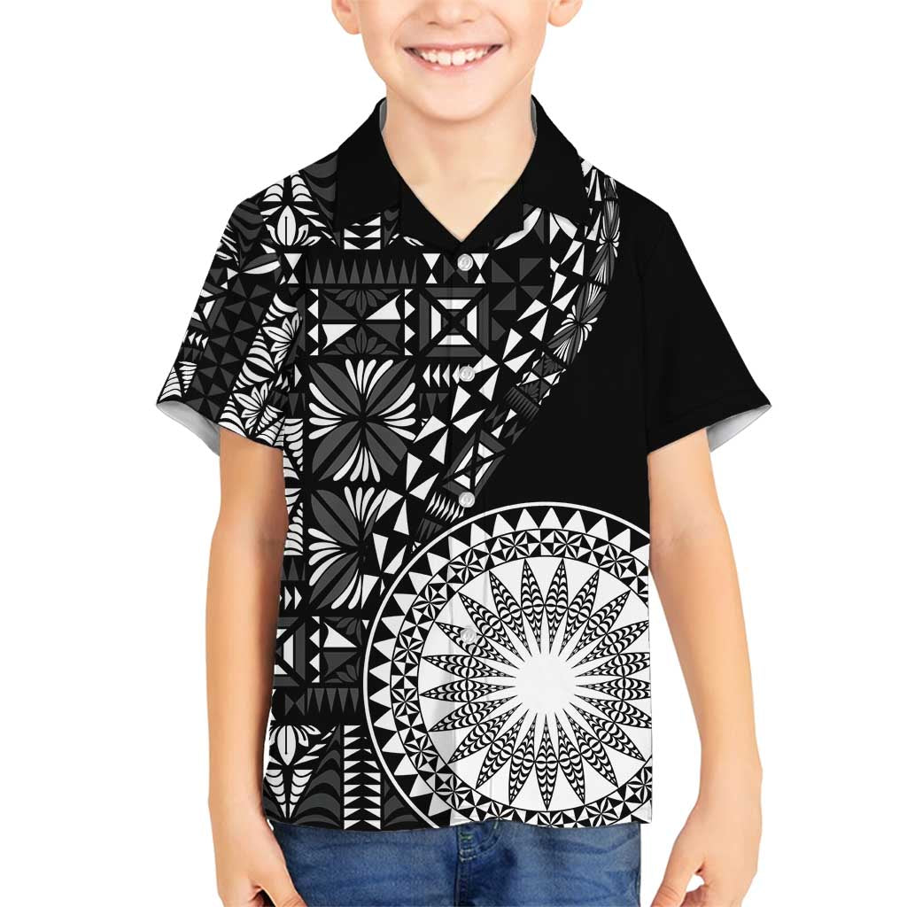 Black Tongan Ngatu Fonulei Pattern Family Matching Off Shoulder Short Dress and Hawaiian Shirt