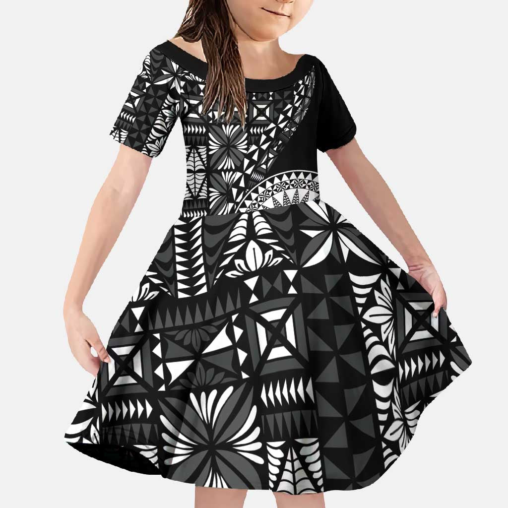 Black Tongan Ngatu Fonulei Pattern Family Matching Short Sleeve Bodycon Dress and Hawaiian Shirt LT9 Daughter's Dress Black - Polynesian Pride