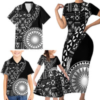 Black Tongan Ngatu Fonulei Pattern Family Matching Short Sleeve Bodycon Dress and Hawaiian Shirt LT9 - Polynesian Pride