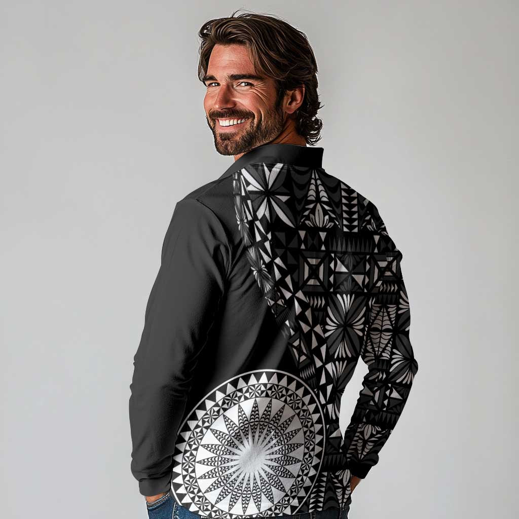 Black Tongan Ngatu Fonulei Pattern Long Sleeve Polo Shirt