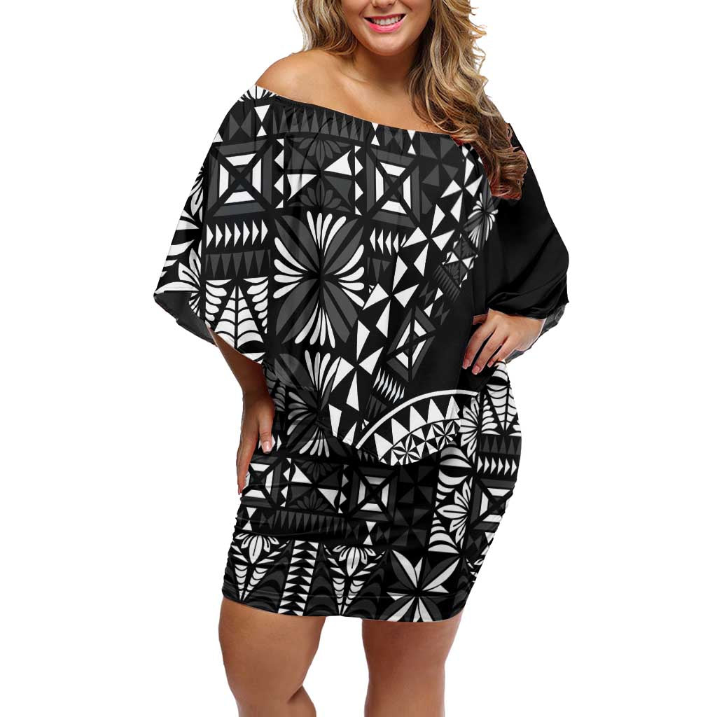 Black Tongan Ngatu Fonulei Pattern Off Shoulder Short Dress