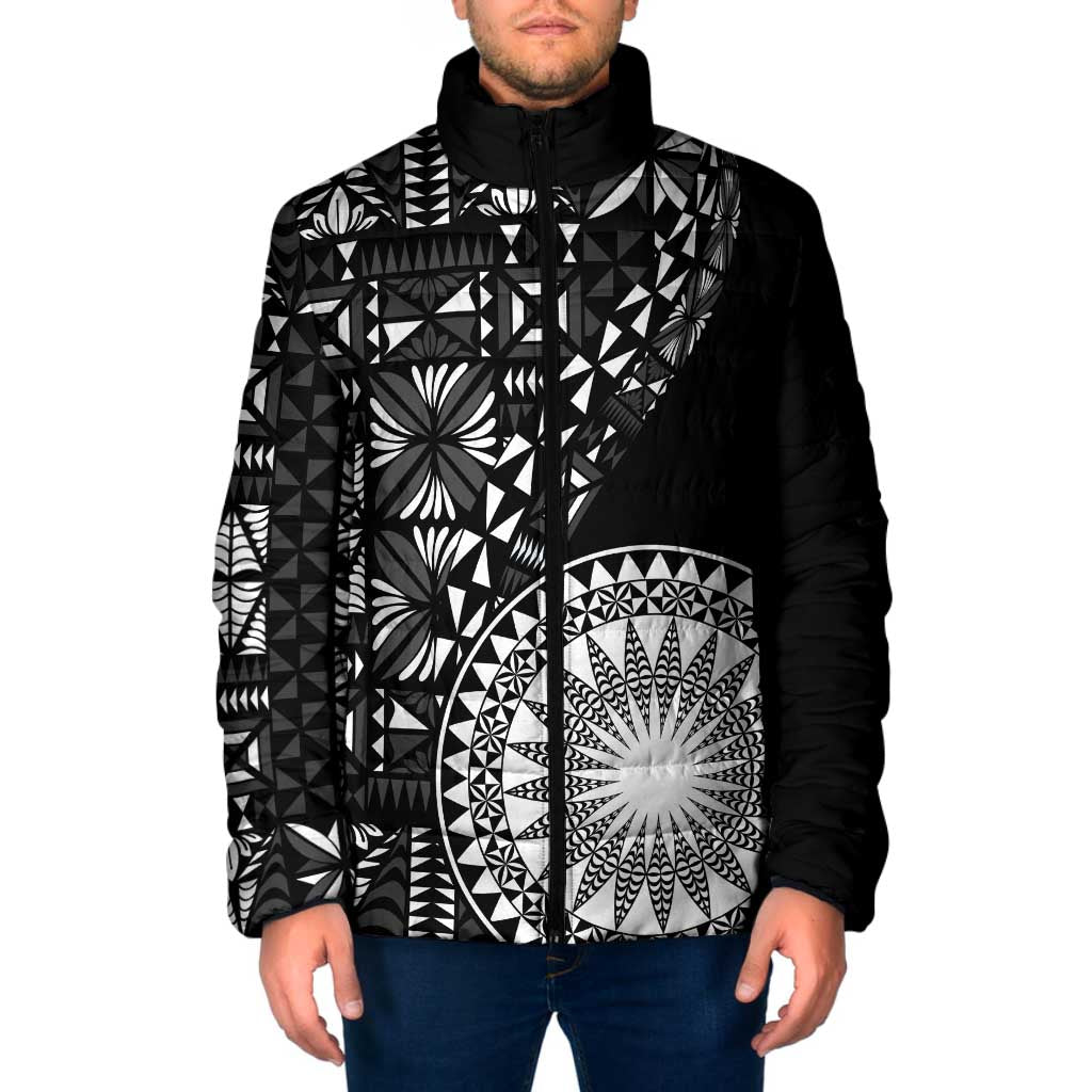 Black Tongan Ngatu Fonulei Pattern Padded Jacket - Polynesian Pride