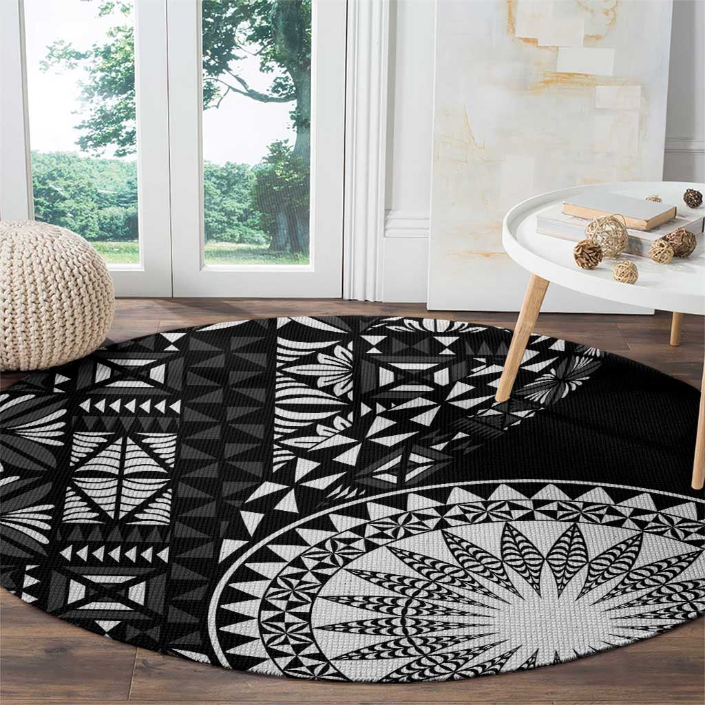Black Tongan Ngatu Fonulei Pattern Round Carpet