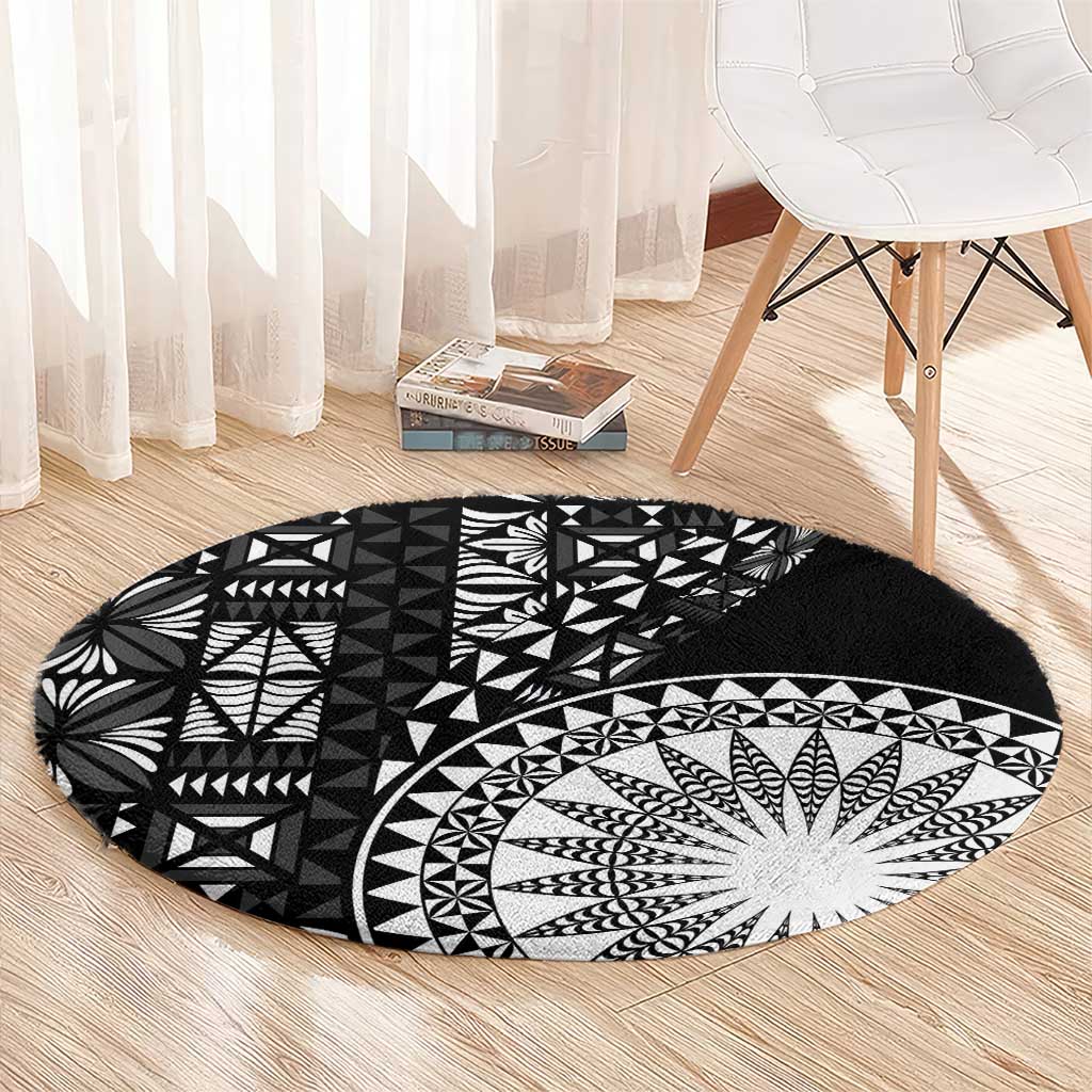 Black Tongan Ngatu Fonulei Pattern Round Carpet