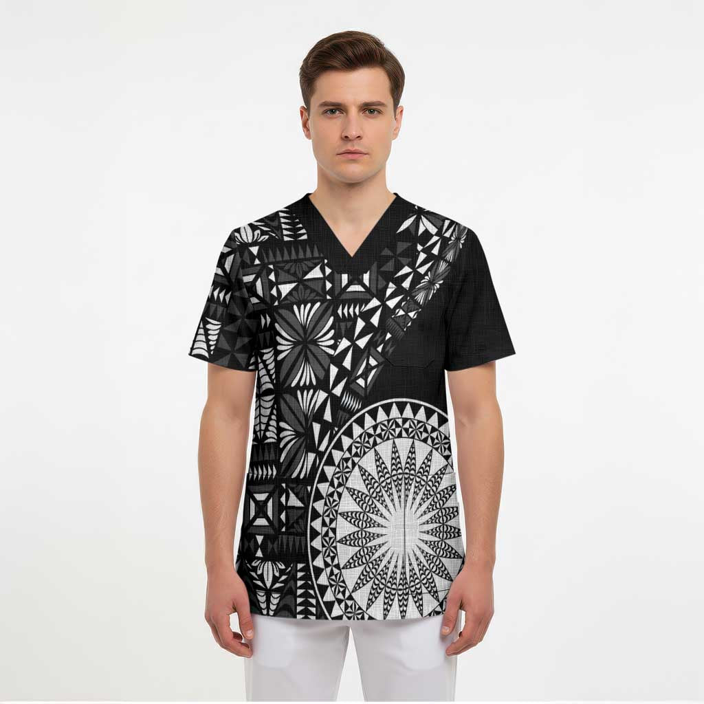Black Tongan Ngatu Fonulei Pattern Scrub Top - Polynesian Pride