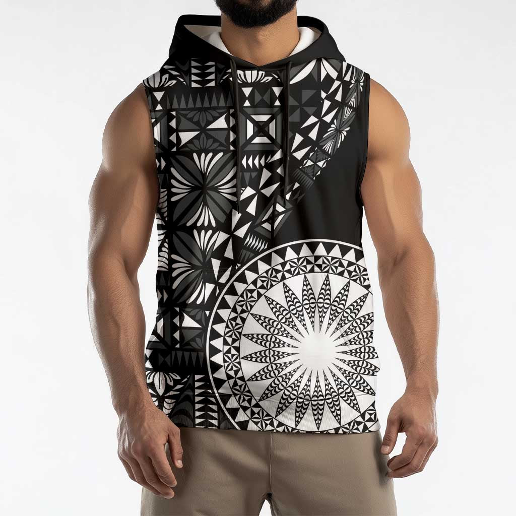 Black Tongan Ngatu Fonulei Pattern Sleeveless Hoodie - Polynesian Pride