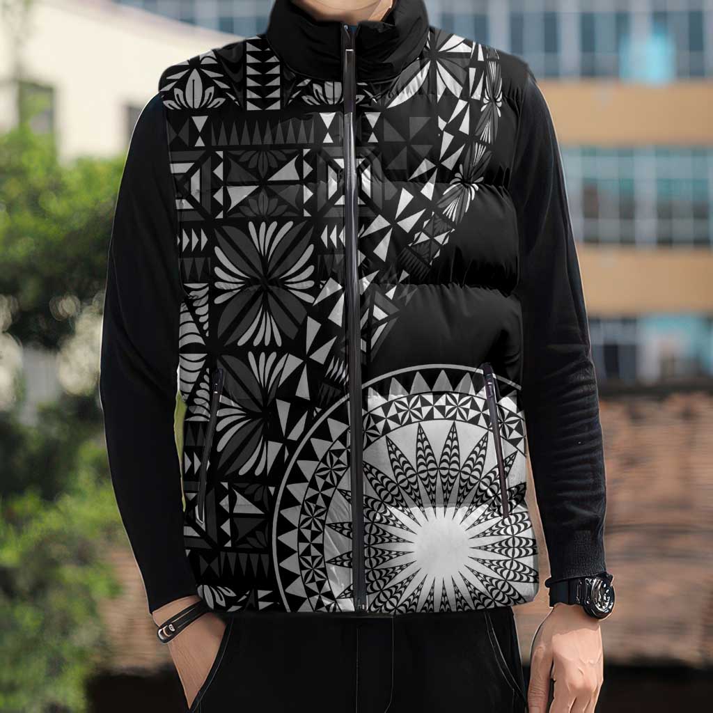 Black Tongan Ngatu Fonulei Pattern Sleeveless Puffer Jacket - Polynesian Pride