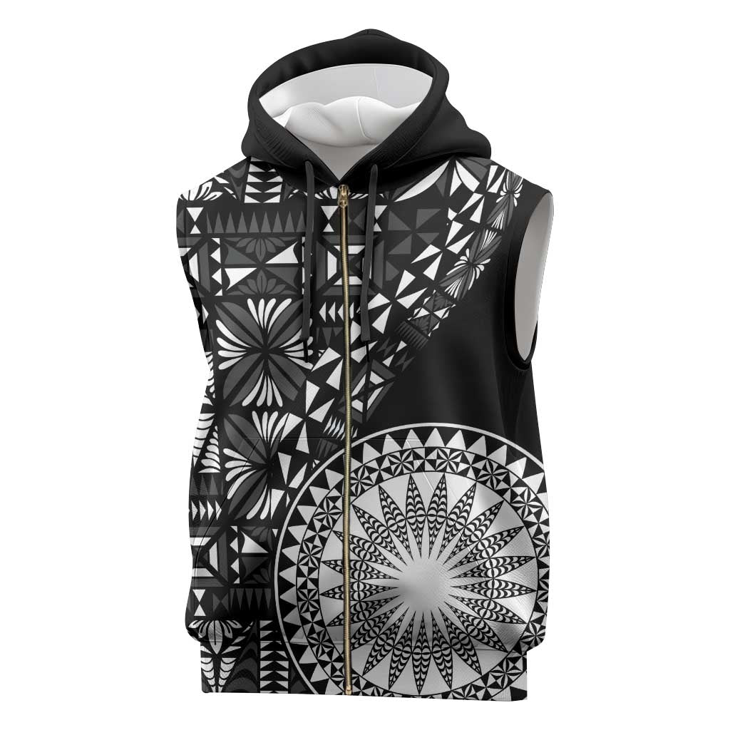 Black Tongan Ngatu Fonulei Pattern Sleeveless Zip Hoodie - Polynesian Pride