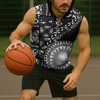 Black Tongan Ngatu Fonulei Pattern Sleeveless Zip Hoodie - Polynesian Pride