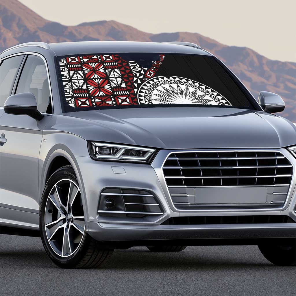 Red Tongan Ngatu Fonulei Pattern Auto Sun Shade - Polynesian Pride