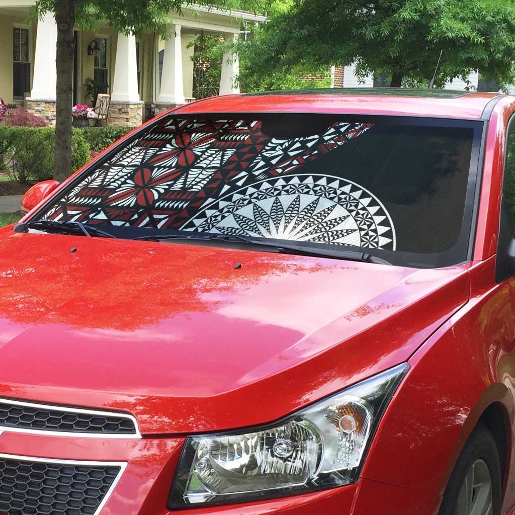 Red Tongan Ngatu Fonulei Pattern Auto Sun Shade - Polynesian Pride
