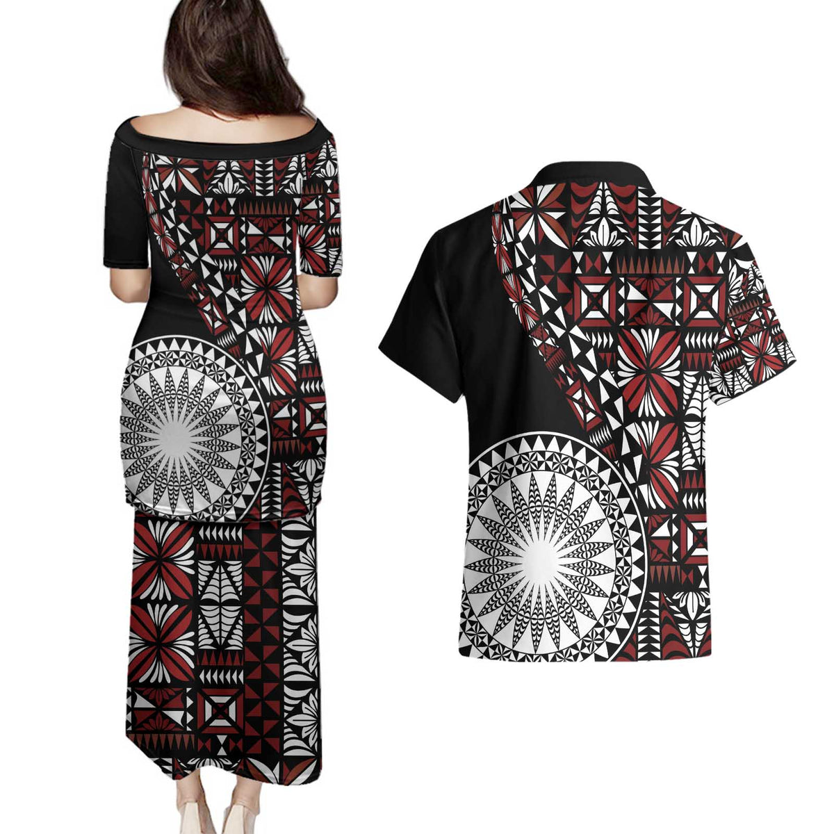 Red Tongan Ngatu Fonulei Pattern Couples Matching Puletasi and Hawaiian Shirt
