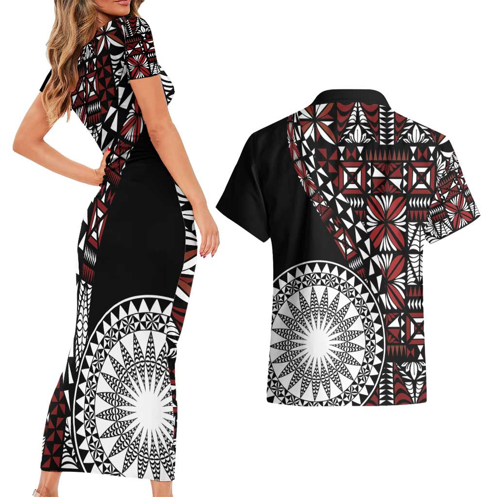 Red Tongan Ngatu Fonulei Pattern Couples Matching Short Sleeve Bodycon Dress and Hawaiian Shirt
