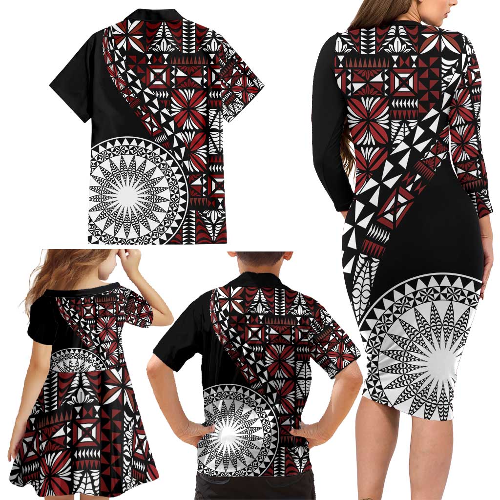 Red Tongan Ngatu Fonulei Pattern Family Matching Long Sleeve Bodycon Dress and Hawaiian Shirt LT9 - Polynesian Pride