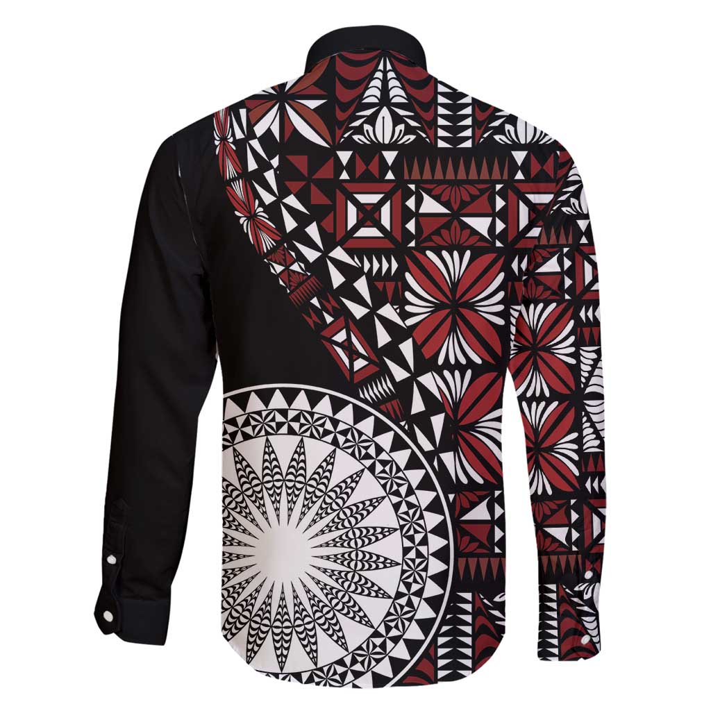 Red Tongan Ngatu Fonulei Pattern Family Matching Long Sleeve Bodycon Dress and Hawaiian Shirt LT9 - Polynesian Pride