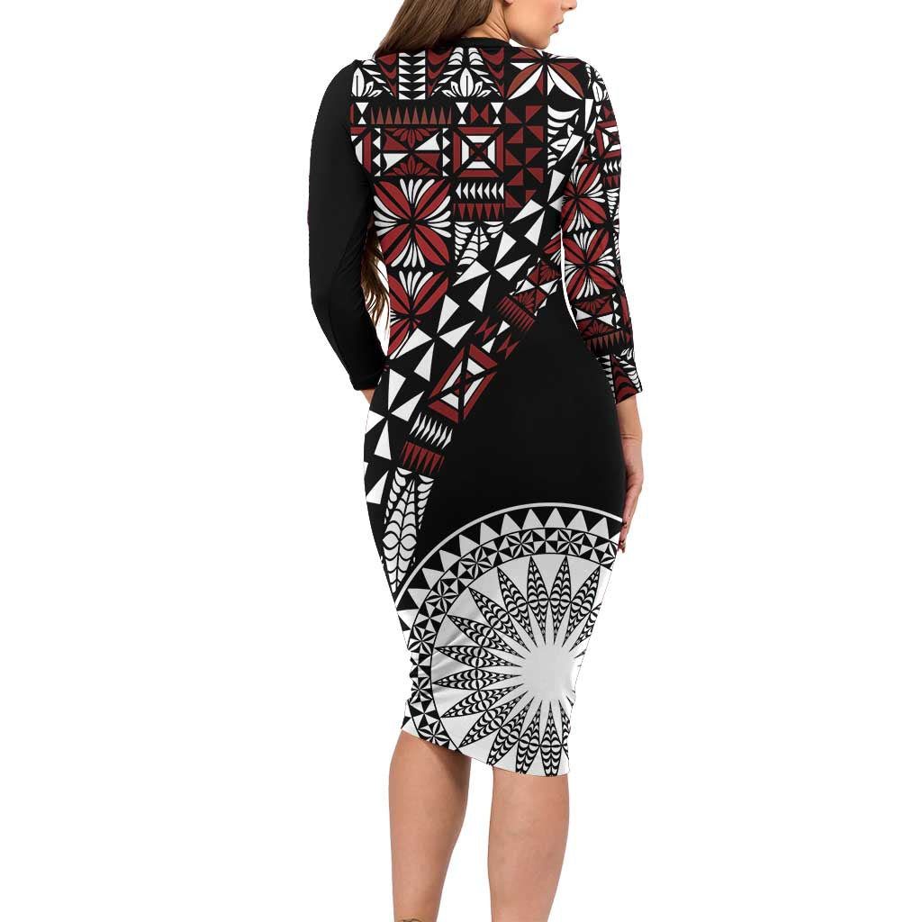 Red Tongan Ngatu Fonulei Pattern Family Matching Long Sleeve Bodycon Dress and Hawaiian Shirt LT9 - Polynesian Pride