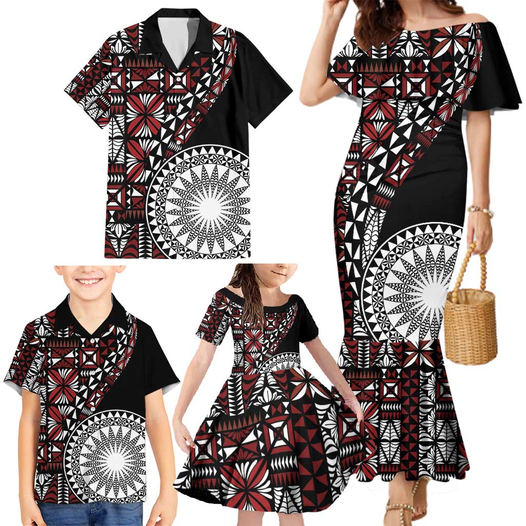 Red Tongan Ngatu Fonulei Pattern Family Matching Mermaid Dress and Hawaiian Shirt LT9 - Polynesian Pride