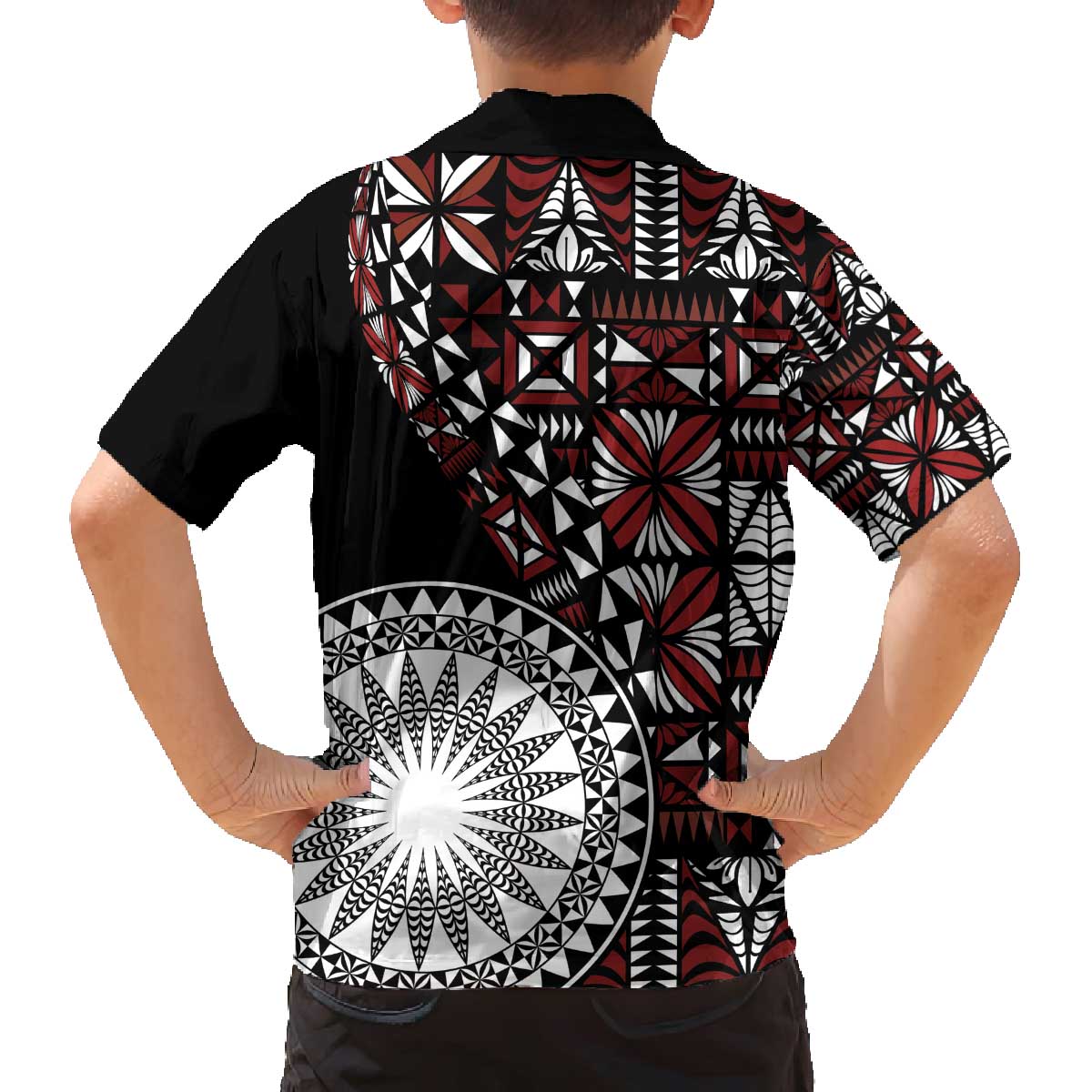 Red Tongan Ngatu Fonulei Pattern Family Matching Off The Shoulder Long Sleeve Dress and Hawaiian Shirt LT9 - Polynesian Pride
