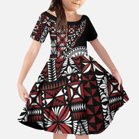 Red Tongan Ngatu Fonulei Pattern Family Matching Off The Shoulder Long Sleeve Dress and Hawaiian Shirt LT9 Daughter's Dress Red - Polynesian Pride