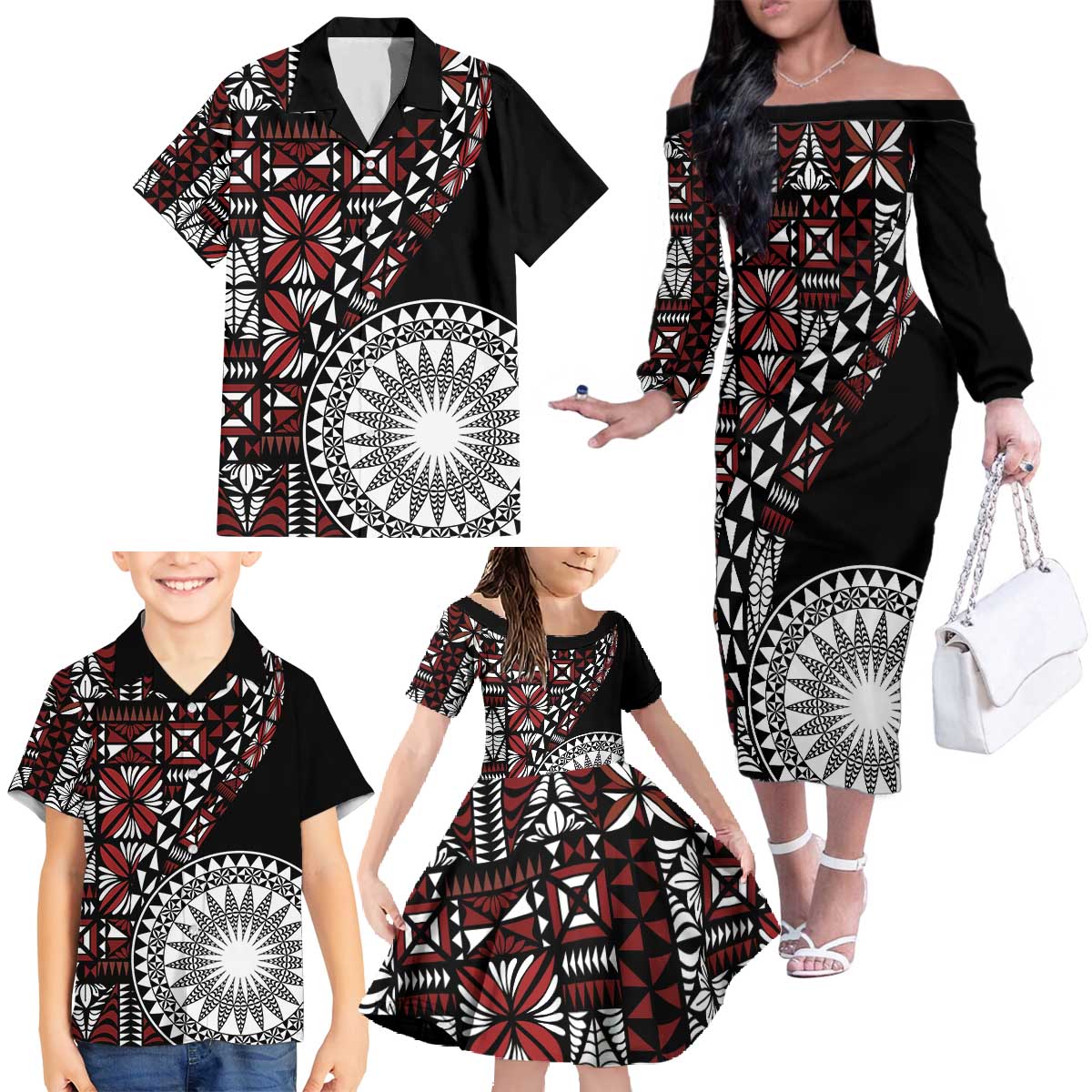 Red Tongan Ngatu Fonulei Pattern Family Matching Off The Shoulder Long Sleeve Dress and Hawaiian Shirt LT9 - Polynesian Pride