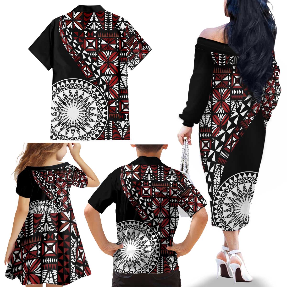 Red Tongan Ngatu Fonulei Pattern Family Matching Off The Shoulder Long Sleeve Dress and Hawaiian Shirt LT9 - Polynesian Pride