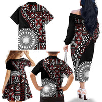 Red Tongan Ngatu Fonulei Pattern Family Matching Off The Shoulder Long Sleeve Dress and Hawaiian Shirt LT9 - Polynesian Pride