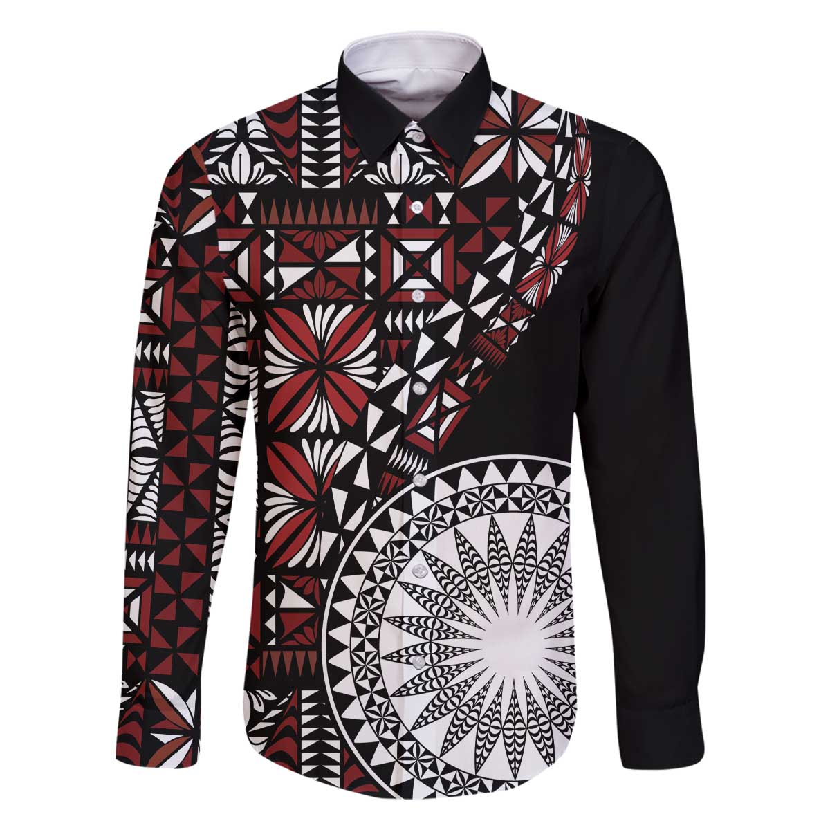 Red Tongan Ngatu Fonulei Pattern Family Matching Off The Shoulder Long Sleeve Dress and Hawaiian Shirt LT9 Dad's Shirt - Long Sleeve Red - Polynesian Pride