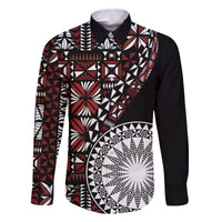 Red Tongan Ngatu Fonulei Pattern Family Matching Off The Shoulder Long Sleeve Dress and Hawaiian Shirt LT9 Dad's Shirt - Long Sleeve Red - Polynesian Pride