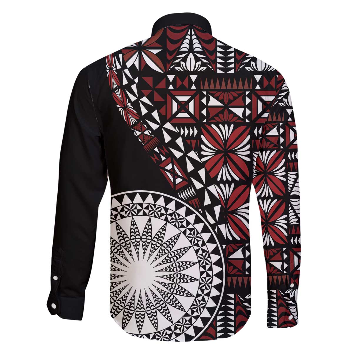 Red Tongan Ngatu Fonulei Pattern Family Matching Off The Shoulder Long Sleeve Dress and Hawaiian Shirt LT9 - Polynesian Pride