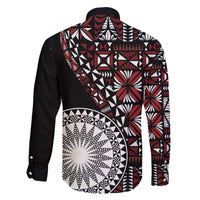 Red Tongan Ngatu Fonulei Pattern Family Matching Off The Shoulder Long Sleeve Dress and Hawaiian Shirt LT9 - Polynesian Pride