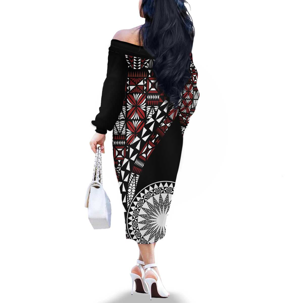 Red Tongan Ngatu Fonulei Pattern Family Matching Off The Shoulder Long Sleeve Dress and Hawaiian Shirt LT9 - Polynesian Pride