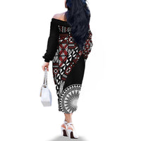 Red Tongan Ngatu Fonulei Pattern Family Matching Off The Shoulder Long Sleeve Dress and Hawaiian Shirt LT9 - Polynesian Pride