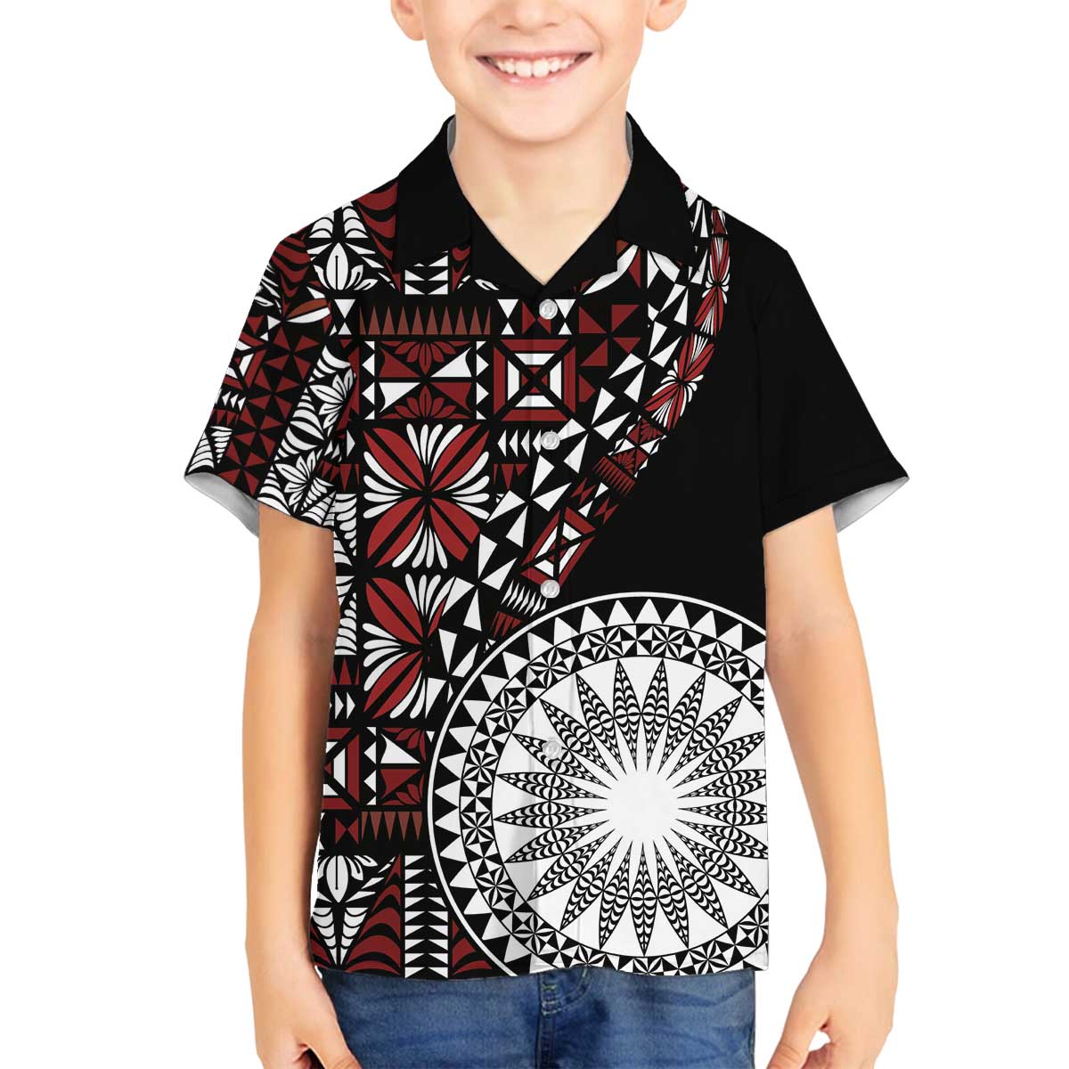 Red Tongan Ngatu Fonulei Pattern Family Matching Off The Shoulder Long Sleeve Dress and Hawaiian Shirt LT9 Son's Shirt Red - Polynesian Pride