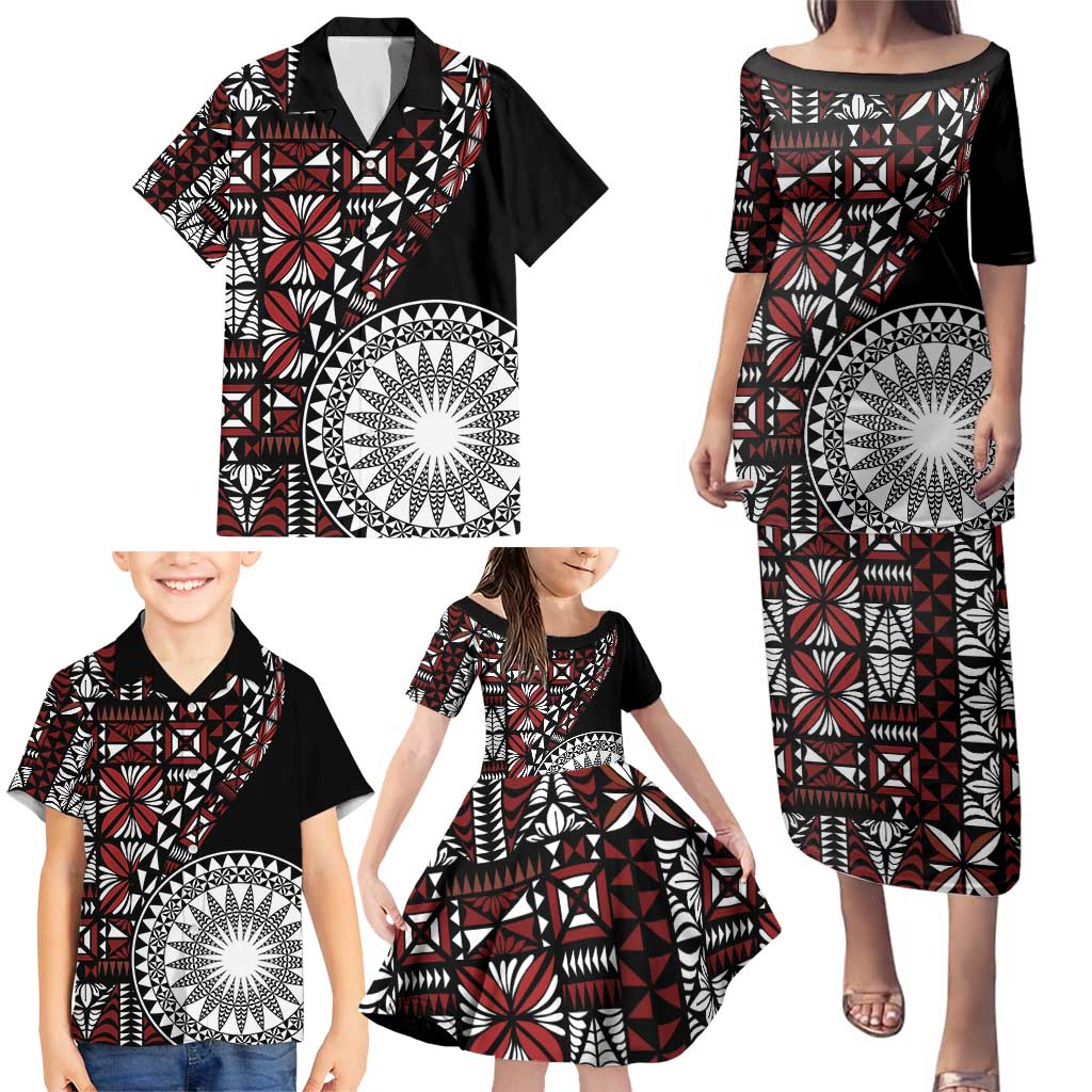 Red Tongan Ngatu Fonulei Pattern Family Matching Puletasi and Hawaiian Shirt LT9 - Polynesian Pride