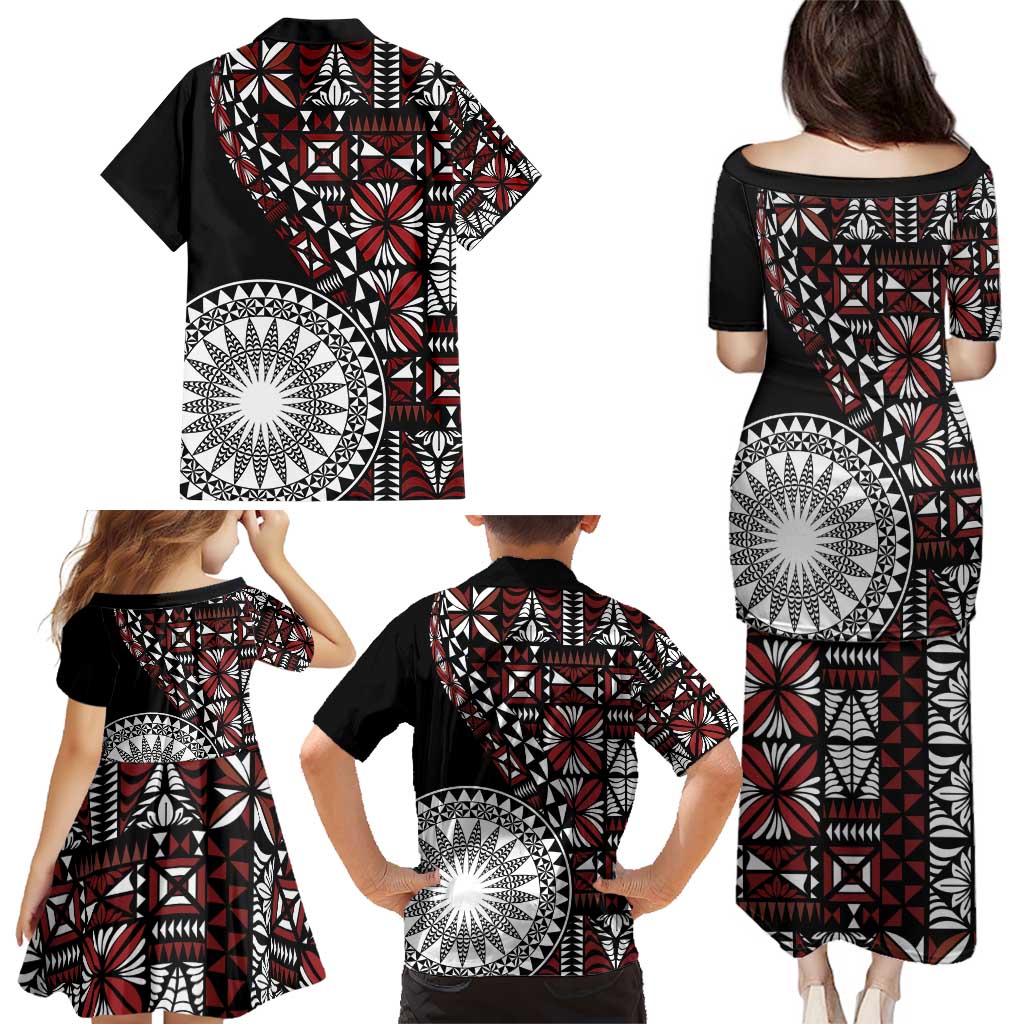 Red Tongan Ngatu Fonulei Pattern Family Matching Puletasi and Hawaiian Shirt LT9 - Polynesian Pride