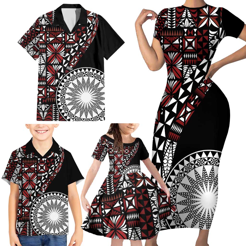 Red Tongan Ngatu Fonulei Pattern Family Matching Short Sleeve Bodycon Dress and Hawaiian Shirt LT9 - Polynesian Pride