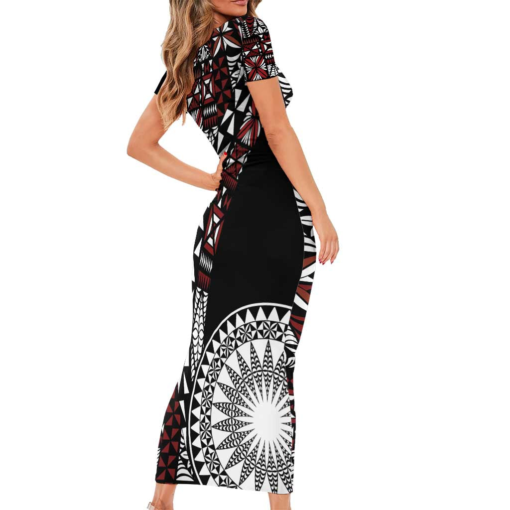 Red Tongan Ngatu Fonulei Pattern Family Matching Short Sleeve Bodycon Dress and Hawaiian Shirt LT9 - Polynesian Pride