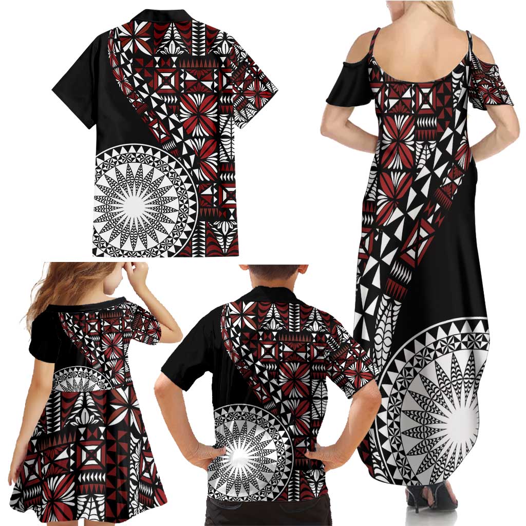 Red Tongan Ngatu Fonulei Pattern Family Matching Summer Maxi Dress and Hawaiian Shirt