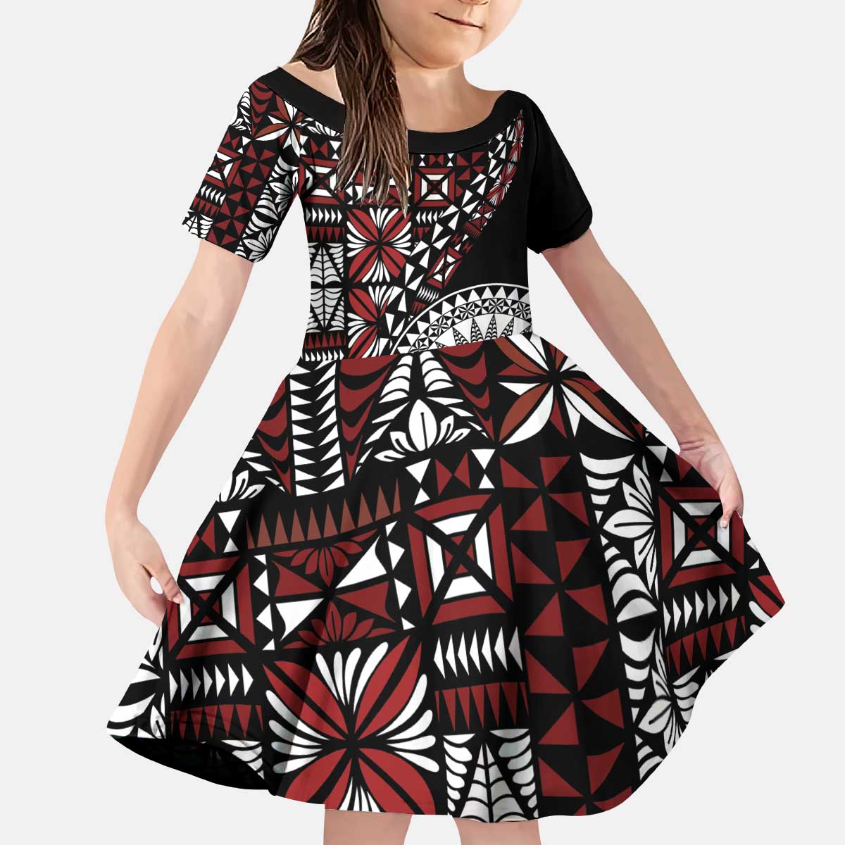 Red Tongan Ngatu Fonulei Pattern Kid Short Sleeve Dress