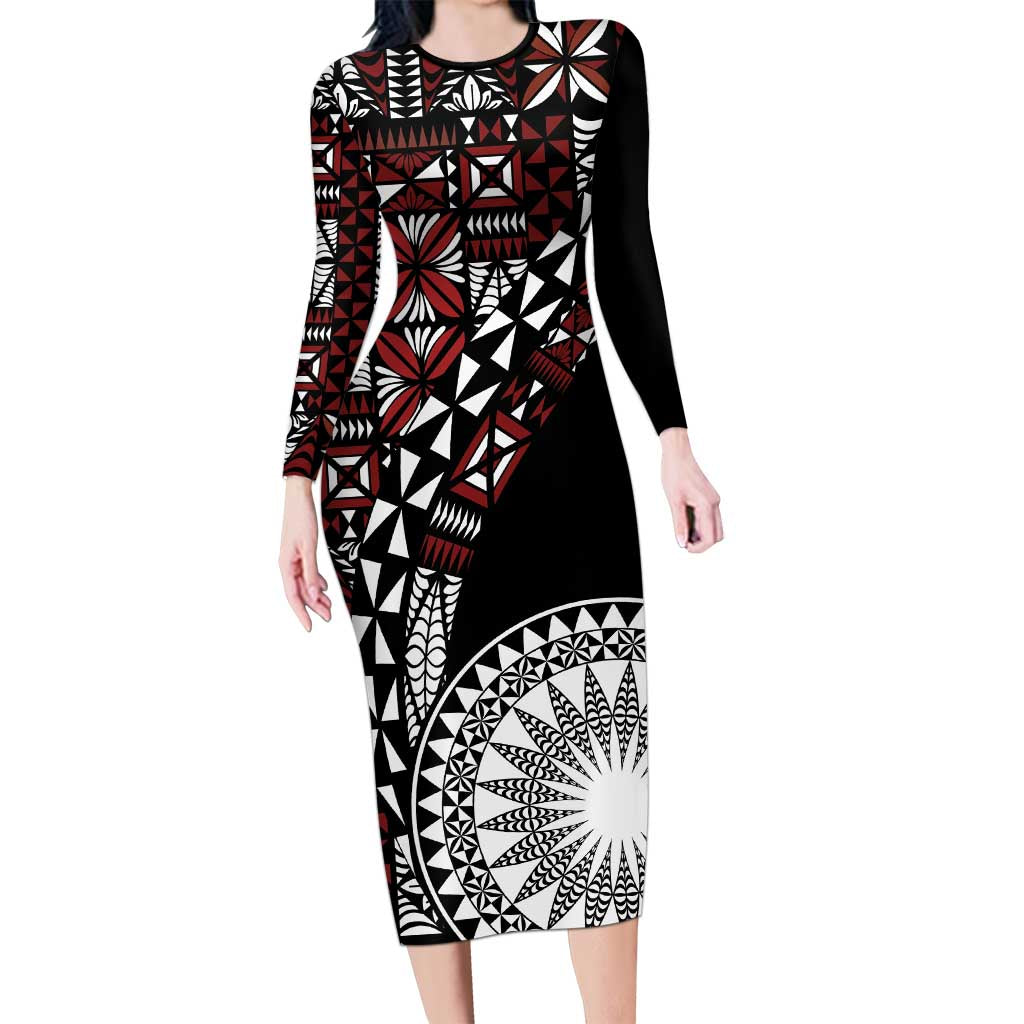 Red Tongan Ngatu Fonulei Pattern Long Sleeve Bodycon Dress