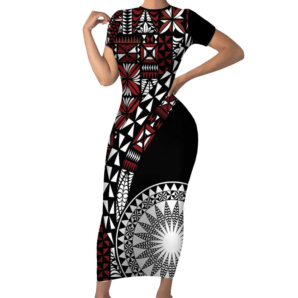 Red Tongan Ngatu Fonulei Pattern Short Sleeve Bodycon Dress