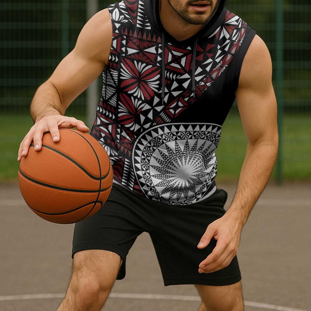 Red Tongan Ngatu Fonulei Pattern Sleeveless Hoodie - Polynesian Pride