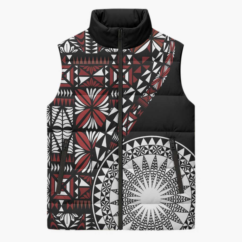 Red Tongan Ngatu Fonulei Pattern Sleeveless Puffer Jacket - Polynesian Pride
