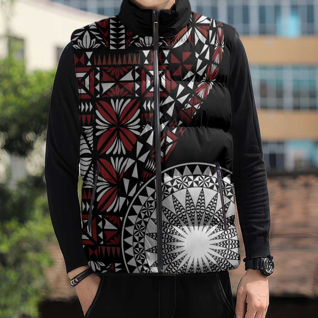 Red Tongan Ngatu Fonulei Pattern Sleeveless Puffer Jacket - Polynesian Pride