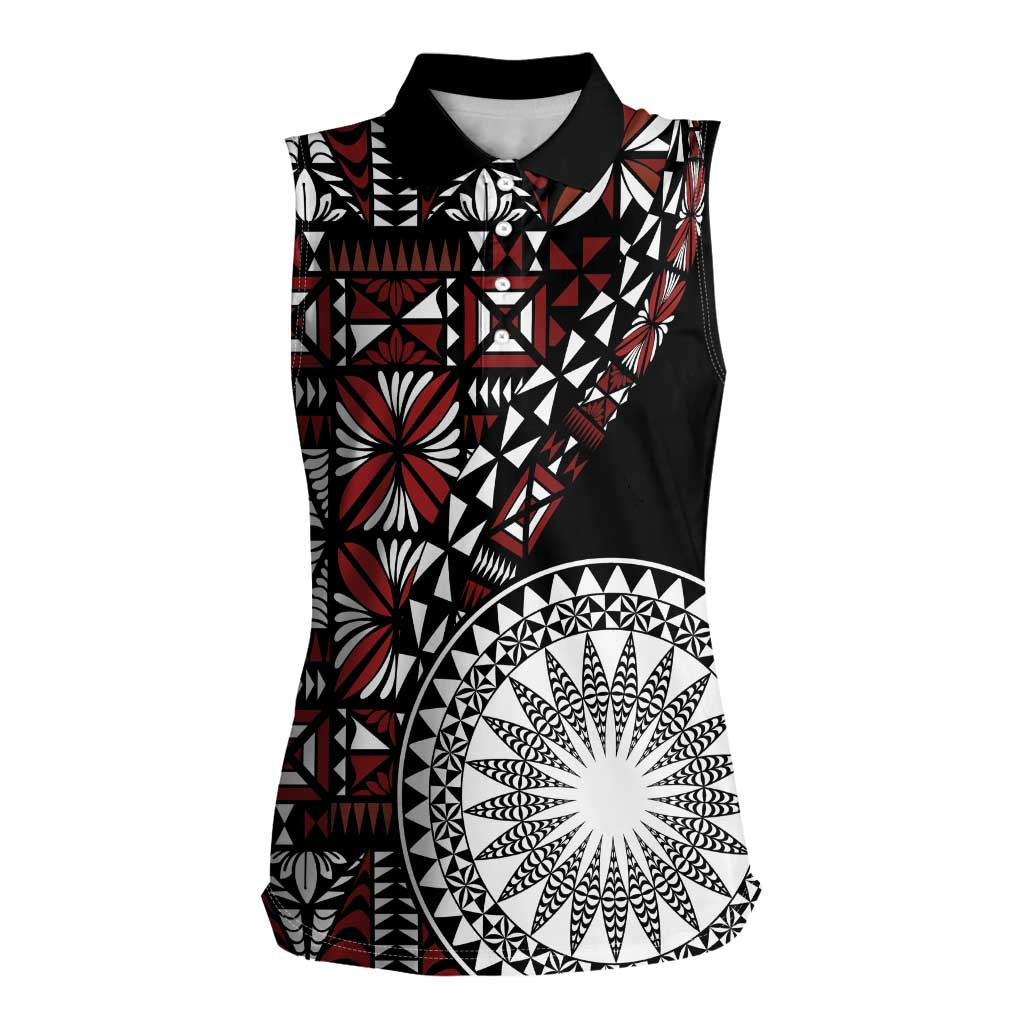 Red Tongan Ngatu Fonulei Pattern Women Sleeveless Polo Shirt LT9 Female Red - Polynesian Pride