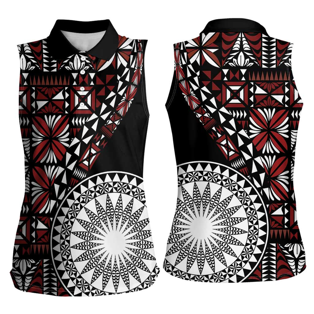 Red Tongan Ngatu Fonulei Pattern Women Sleeveless Polo Shirt LT9 - Polynesian Pride